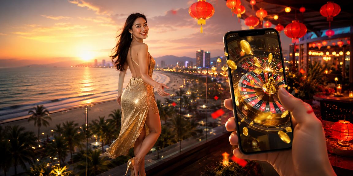 Người dùng Đà Nẵng đặt cược thể thao trên điện thoại tại bãi biển buổi chiều